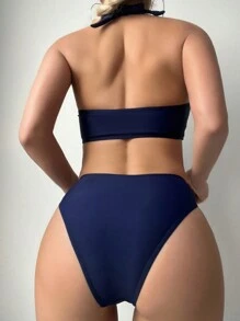 SHEIN Swim Bộ bikini hai dây vai dành cho nữ đi biển mùa hè - Màu xanh lam - Xem 3