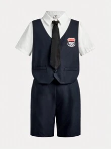 SHEIN 2pcs/Set Tween Boy's Elegant 2-In-1 Tie Shirt And Shorts Gentleman Outfit - Royal Blue - View 13