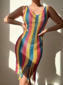 SHEIN Swim Váy che phủ tua rua dệt kim khoét lỗ cổ chữ V màu tương phản, dành cho mùa hè, bãi biển, kỳ nghỉ - Nhiều màu - Xem 1