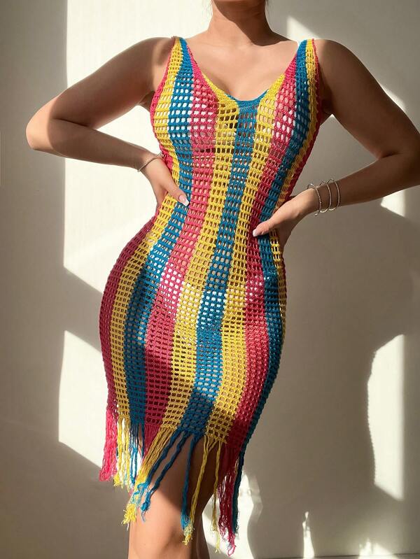 SHEIN Swim Vestido de punto con cuello en V, calado y flecos en contraste de colores, para verano, playa y vacaciones