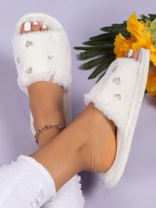 Women's Furry Heart-Shaped Open-Toe Slippers, Comfortable Breathable Lightweight House Slippers For Autumn/Winter
