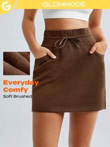 GLOWMODE Everyday Fleece Adjustable Drawstring Pocket Mini A-Line Skirt Daily - Brown - View 1