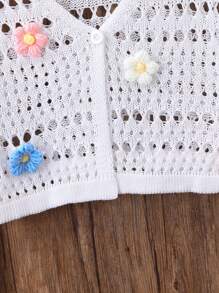 SHEIN Vintaside Kids Maglione A Maglia Per Ragazza Con Camicia A Fiori 3d, Decorato A Maglia Traforato - Bianco - Visualizzare 5