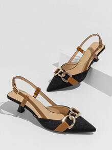 Women's Elegant Black High-Heeled Shoes With Vintage Floral Design Chain Decoration, Pointed Toe, Stiletto Heel And Ankle Strap, Suitable For Spring, Autumn, Outdoor,Daily Commute And Party Wear,Kitten Heels,Elegant,Women Pumps,Elegant - Black - View 3