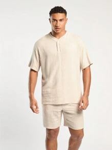 Forever 21 Men's Spring And Summer Casual Vacation Loose Linen Original Color Shirts And Shorts Two-Piece Set - Apricot - View 1