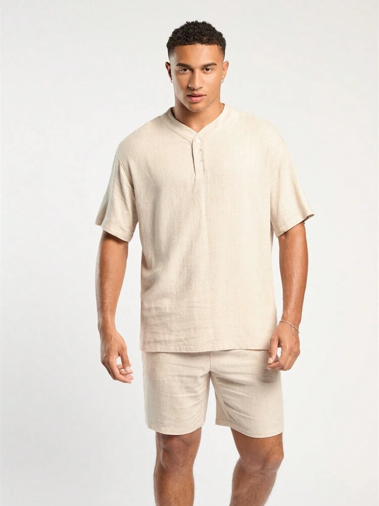 Men's Spring And Summer Casual Vacation Loose Linen Original Color Shirts And Shorts Two-Piece Set