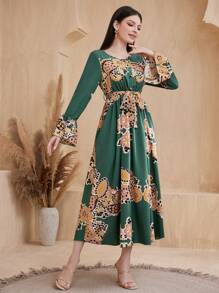Seusyu Women's Bell Sleeve A-Line Dress With Cashew Flower Print - Multicolor - View 7