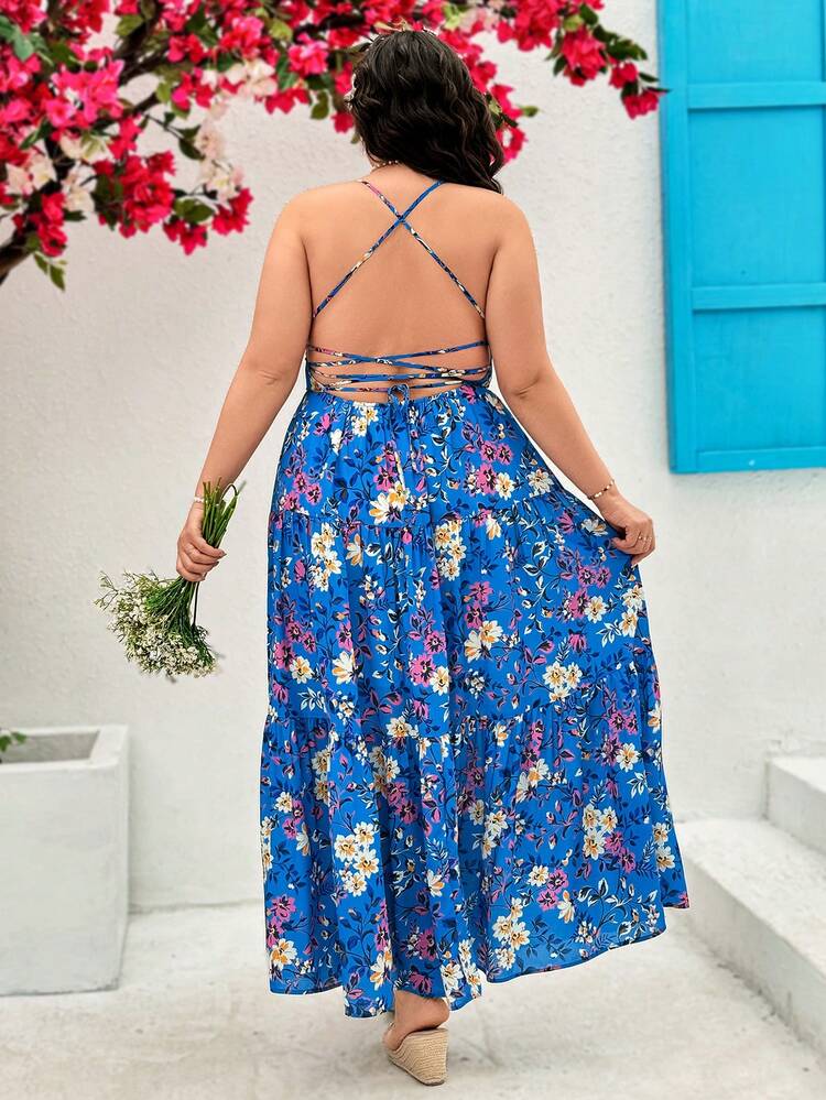 Plus Size Backless Halter Neck Floral Print Sundress With Tassel Ties