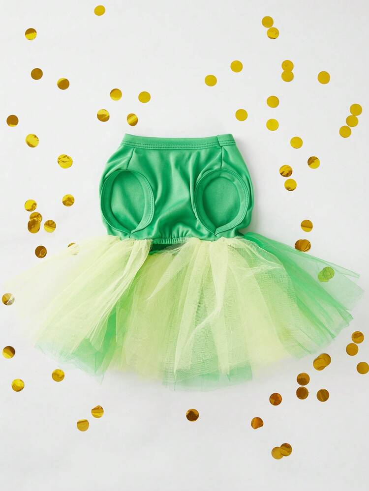 Green Mesh Contrast Pet Dress Clover Printed Sleeveless St. Patrick's Day Cat/Dog Dress