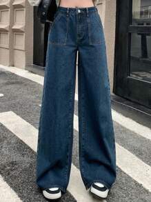 Dazy Designer 女士高腰寬腿牛仔褲,多口袋設計,時尚感十足 - 深色水洗藍 - 查看 5