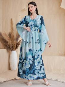 Al Najma Floral Printed Round Neck Bell Sleeve Kaftan - Blue - View 4