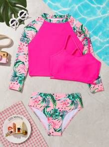 Conjunto de bikini con estampado tropical para niña preadolescente con parte superior de bikini, para playa de verano - Multicolor - Ver 1