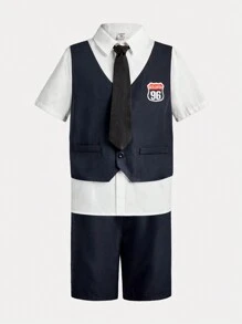 SHEIN 2pcs/Set Tween Boy's Elegant 2-In-1 Tie Shirt And Shorts Gentleman Outfit - Royal Blue - View 3