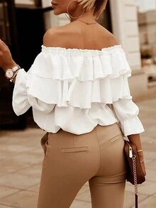 Blusa con hombros descubiertos y volantes, estilo hawaiano bohemio para vacaciones en la playa, unicolor para conciertos en el campo - Blanco - Ver 2