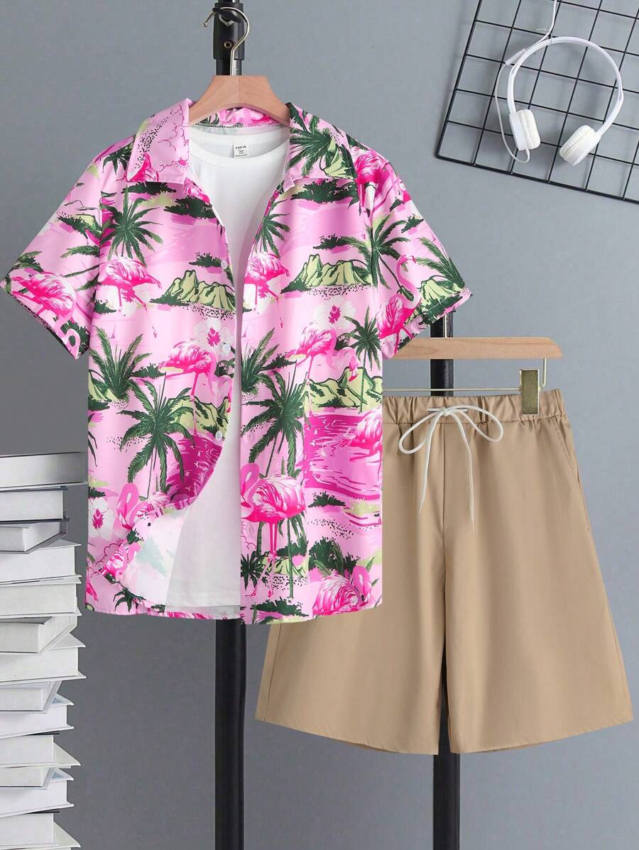 Men's Coconut Tree Printed Button-Up Short Sleeve Shirt And Solid Color Drawstring Waist Shorts - Pink - View 1