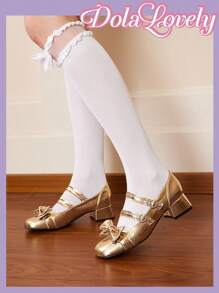 Dola Lovely Women's Bow Knot Printed Mary Jane Shoes With Heart-Shaped Double Straps And Buckle Detail, Fashionable High Heel Pumps