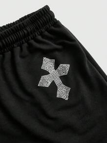 ROMWE Goth Basic Knit Stretchy Cross & Rhinestone Decor Cami Top And Shorts Set For Women, School