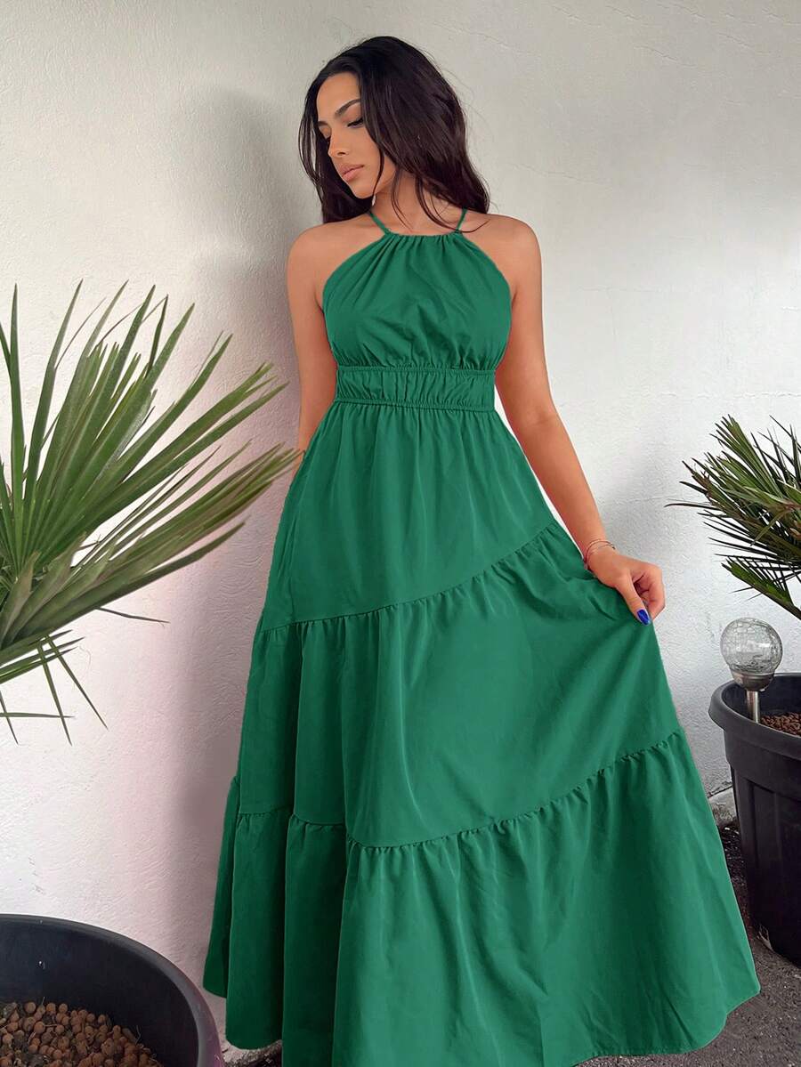 SHEIN VCAY Vestido Sin Mangas Con Cuello Halter Para Mujer, Color Sólido Con Dobladillo Con Volantes - Verde - Ver 1