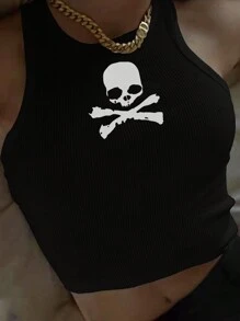 INAWLY Women's Dinosaur Printed Cropped Tank Top - Black - View 1