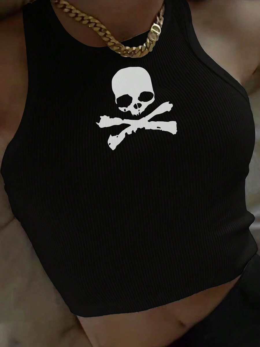 INAWLY Women's Dinosaur Printed Cropped Tank Top - Black - View 1