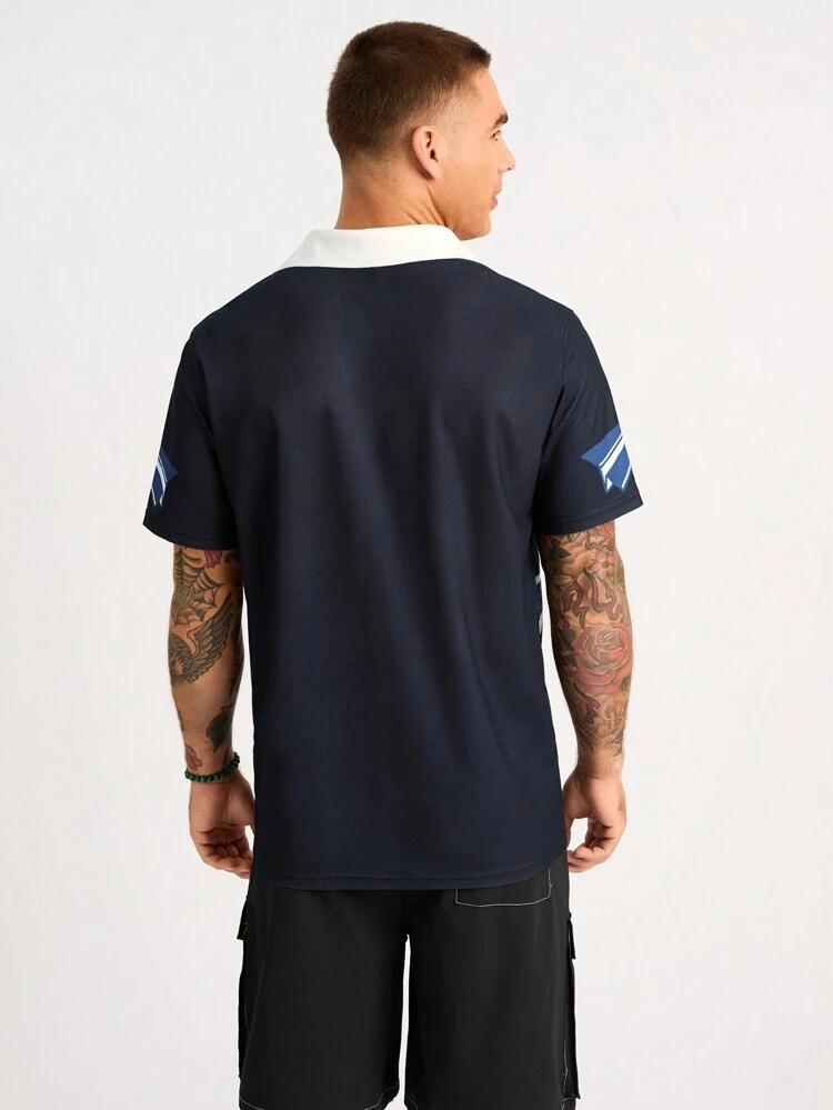 Men's Color Block Letter Printed Polo Shirt