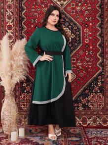 Al Najma 大尺碼女士拼色長袖圓領阿拉伯長袍連衣裙