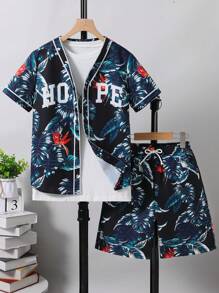 Ropa De Verano Casual Para Adolescentes Con Estampado Tropical Y De Letras - Multicolor - Ver 1