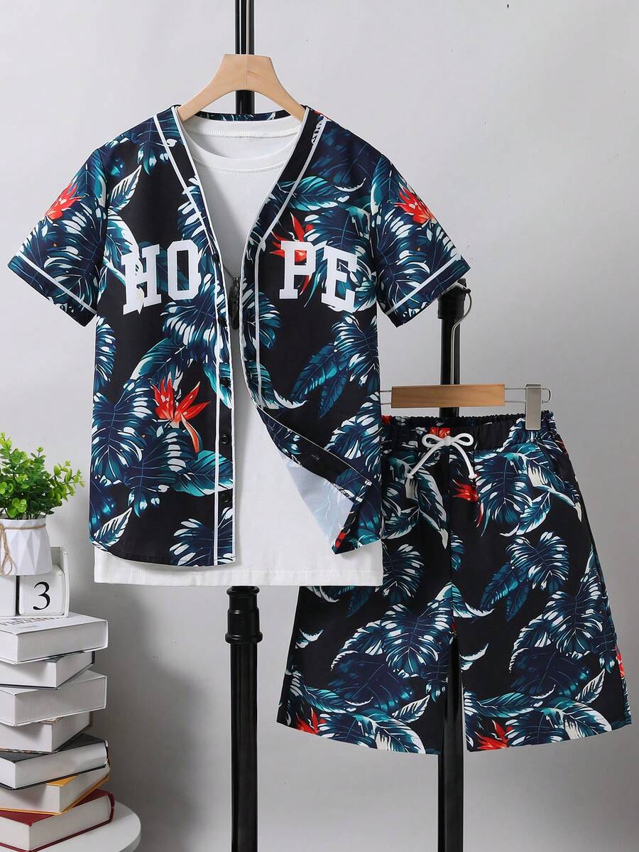 Ropa De Verano Casual Para Adolescentes Con Estampado Tropical Y De Letras - Multicolor - Ver 1