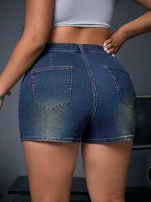 SHEIN ICON Plus Size Women's Workwear Style Denim Shorts With Pockets - Blue - View 2