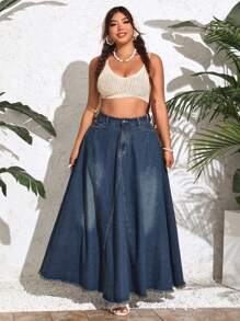 SHEIN VCAY 女士加大尺碼有口袋牛仔中長款裙子 - 深色水洗藍 - 查看 3