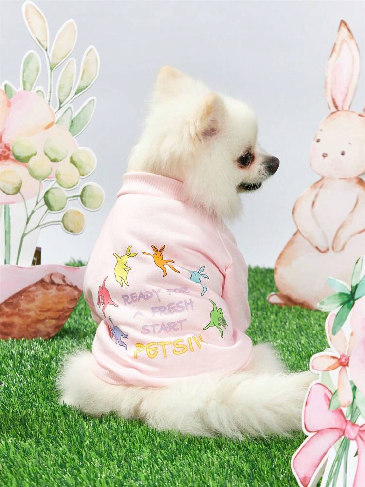 Colorful Cartoon Rabbit Printed Pink Sweatshirt With Easter Bunny Embroidered Pet Sweatshirt