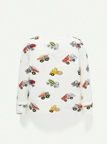 Cozy Pixies Baby Boy Snug Fit Pajamas Set With Cartoon Fun Car Pattern, Round Neck Top And Footed Pants - Apricot - View 8