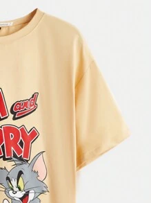 TOM & JERRY X SHEIN 卡通字母图案落肩 T 恤 - 卡其色 - 查看 3