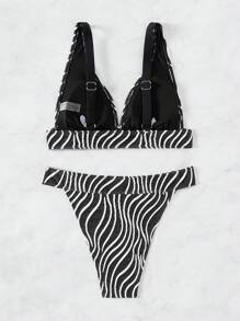 SHEIN Swim Women'S Printed V-Neck Bikini Set Summer - Black and White - View 8