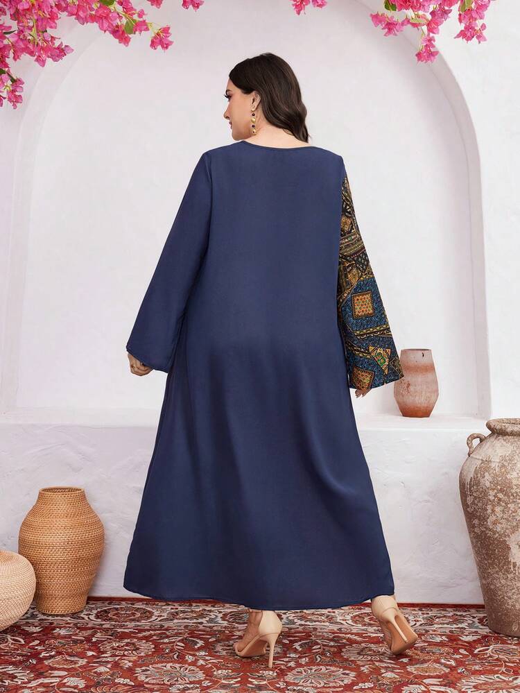 Plus Size Printed Patchwork Flare Sleeve Dress