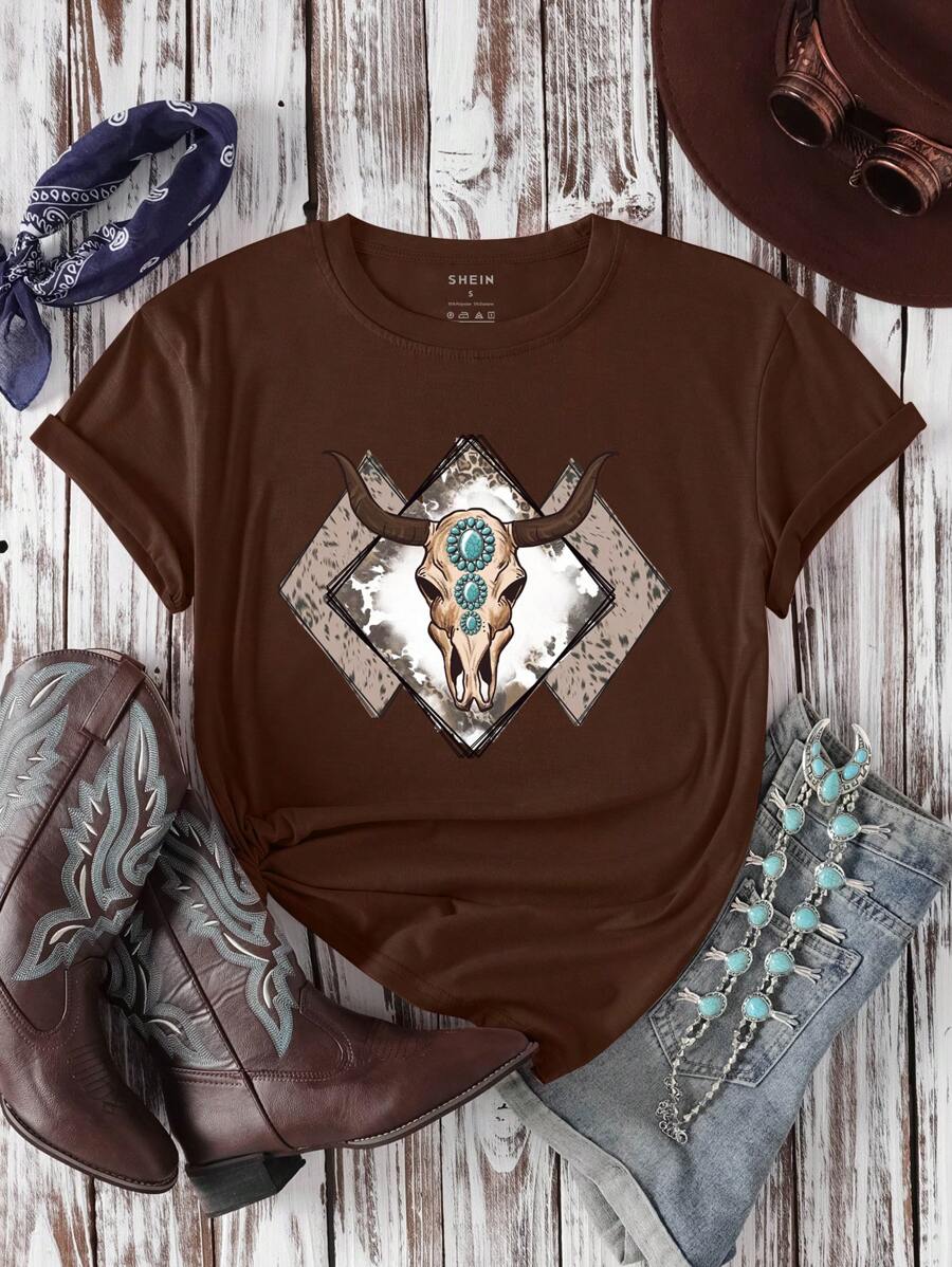 INAWLY Western Style Bull Skull Printed Short Sleeve T-Shirt Graphic Tees Women Tops - Coffee Brown - View 1