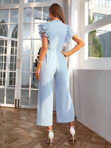 Simplee Ladies' Solid Color Lace Spliced Jumpsuit With Ruffle Hem - Blue - View 2