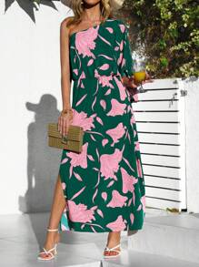 SHEIN VCAY Holiday Floral Printed One Shoulder High Side Slit Maxi Women Dresses - Green - View 1
