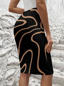 SHEIN Clasi Women's Summer Color Block Printed Elastic Waist Slim Fit Midi Pencil Skirt