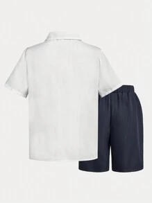 SHEIN 2pcs/Set Tween Boy's Elegant 2-In-1 Tie Shirt And Shorts Gentleman Outfit - Royal Blue - View 4