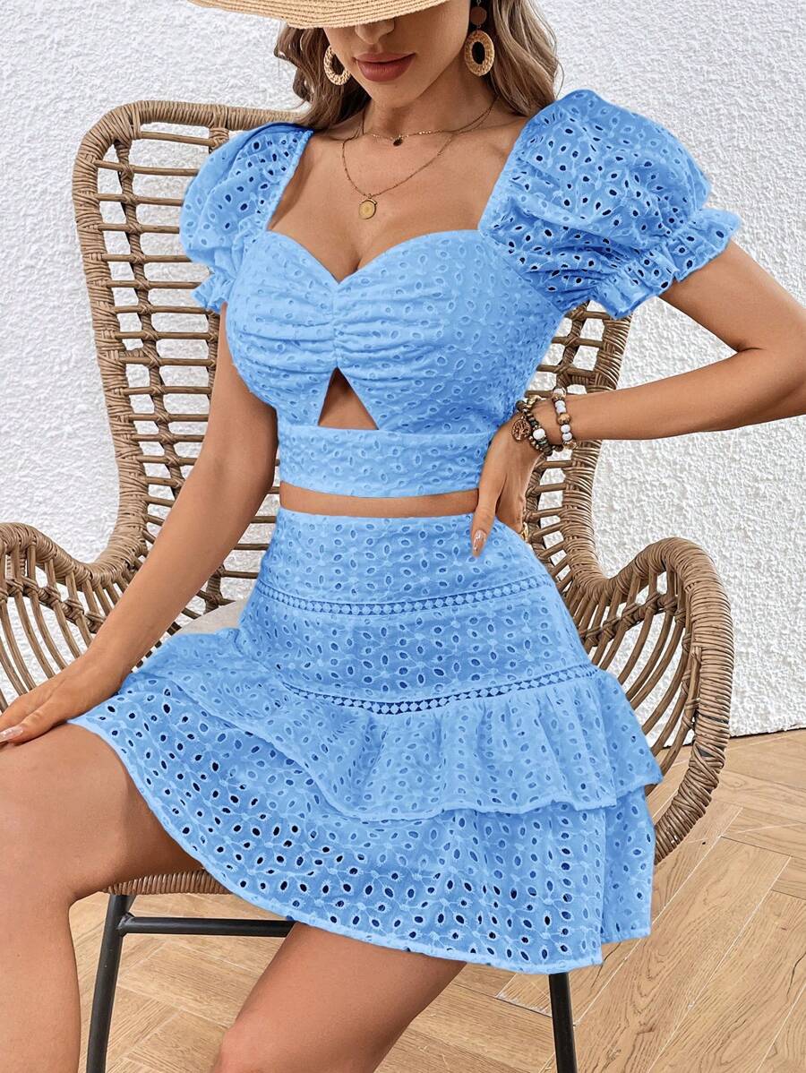 SHEIN VCAY Bộ đồ hai mảnh áo tay bồng khoét cổ tim hở vai cho nữ kèm chân váy viền bèo nhún - Màu xanh lam - Xem 1