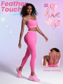 Easithlete Women's Cut Out Crop Top And Pants Fitness Set - Hot Pink - View 1