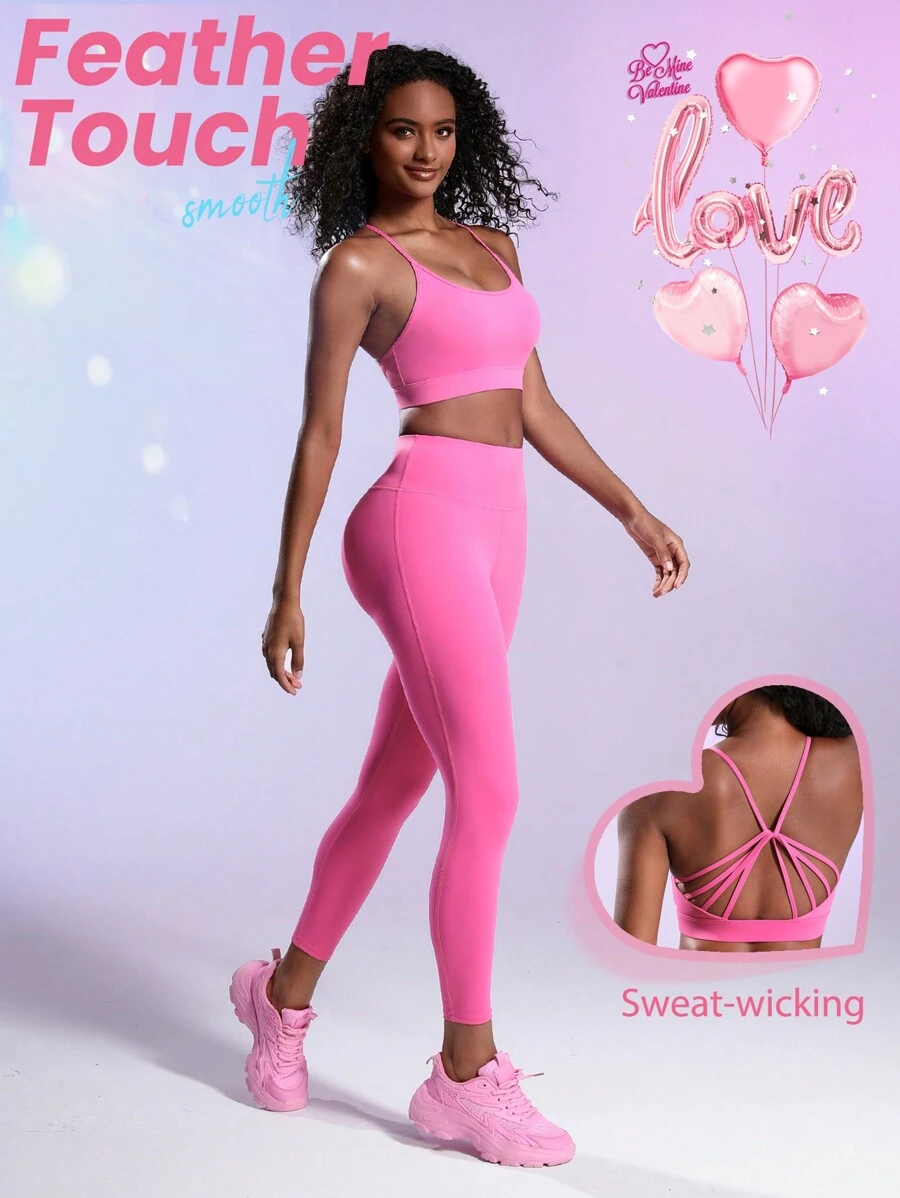 Easithlete Women's Cut Out Crop Top And Pants Fitness Set - Hot Pink - View 1