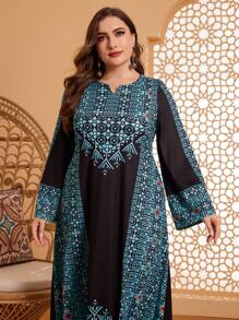 Al Najma Plus Size Floral Patchwork Notched Neckline Flare Sleeve Jalabiya Dress With Cutout Detail - Multicolor - View 7