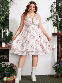 Flirla Vestido De Talla Grande Con Estampado Floral, Cuello Halter, Sin Espalda Y Bajo Con Volantes, Perfecto Para Vacaciones - Rosa - Ver 5