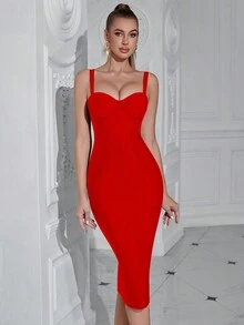ADYCE Bustier Zip Back Midi Cami Bodycon Cocktail Party Bandage Dress - Red - View 5