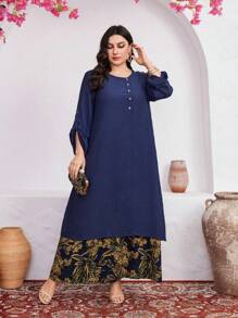 Al Najma Plus Size Floral Print Splicing Short-Sleeve 2 In 1 Dress With Rolled Up Cuffs - Multicolor - View 1