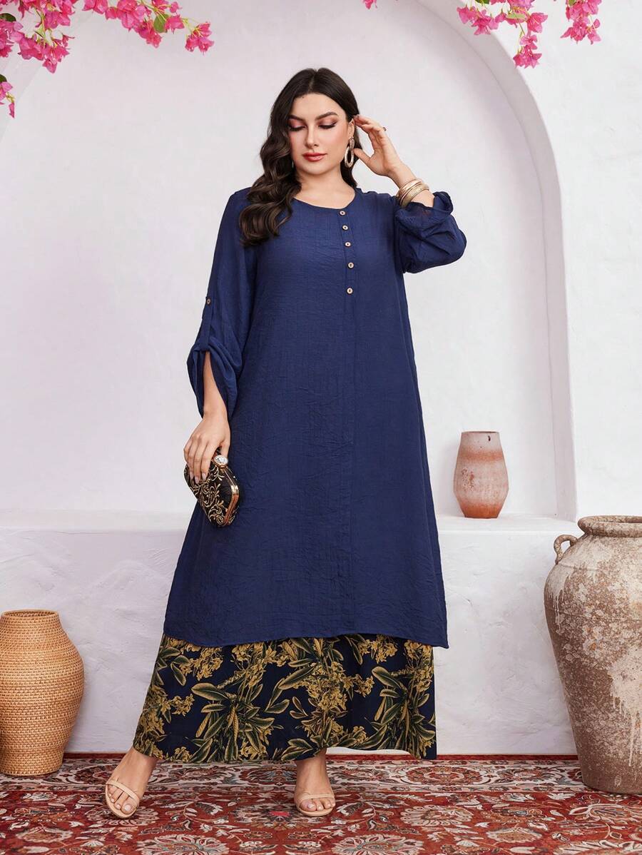 Al Najma Plus Size Floral Print Splicing Short-Sleeve 2 In 1 Dress With Rolled Up Cuffs - Multicolor - View 1