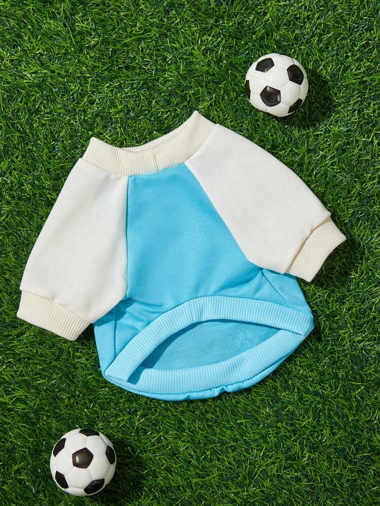 Blue Apricot Patchwork Pet Sweatshirt With Dog Football League Print, Suitable For Both Cats And Dogs