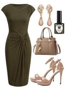 Ellevyn Women's Solid Color Twist Slim Fit Summer Bodycon Dress - Army Green - View 2